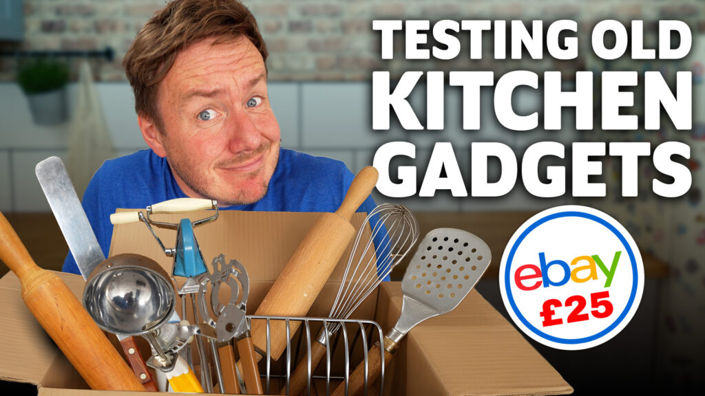 Barry Lewis testing vintage kitchen gadgets